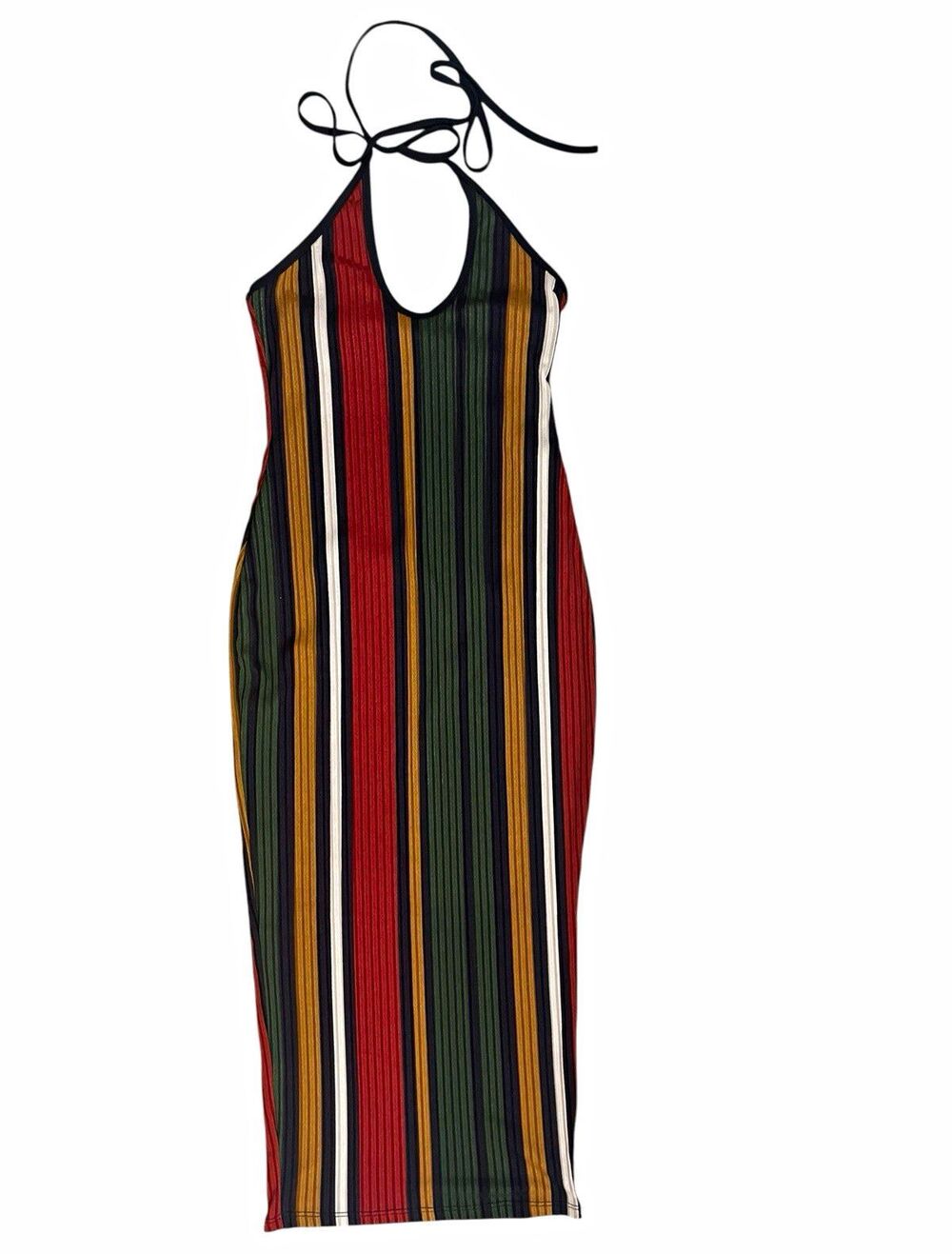 Women’s Halter Neck Striped Multicolor Long Maxi Dress Sleeveless XS